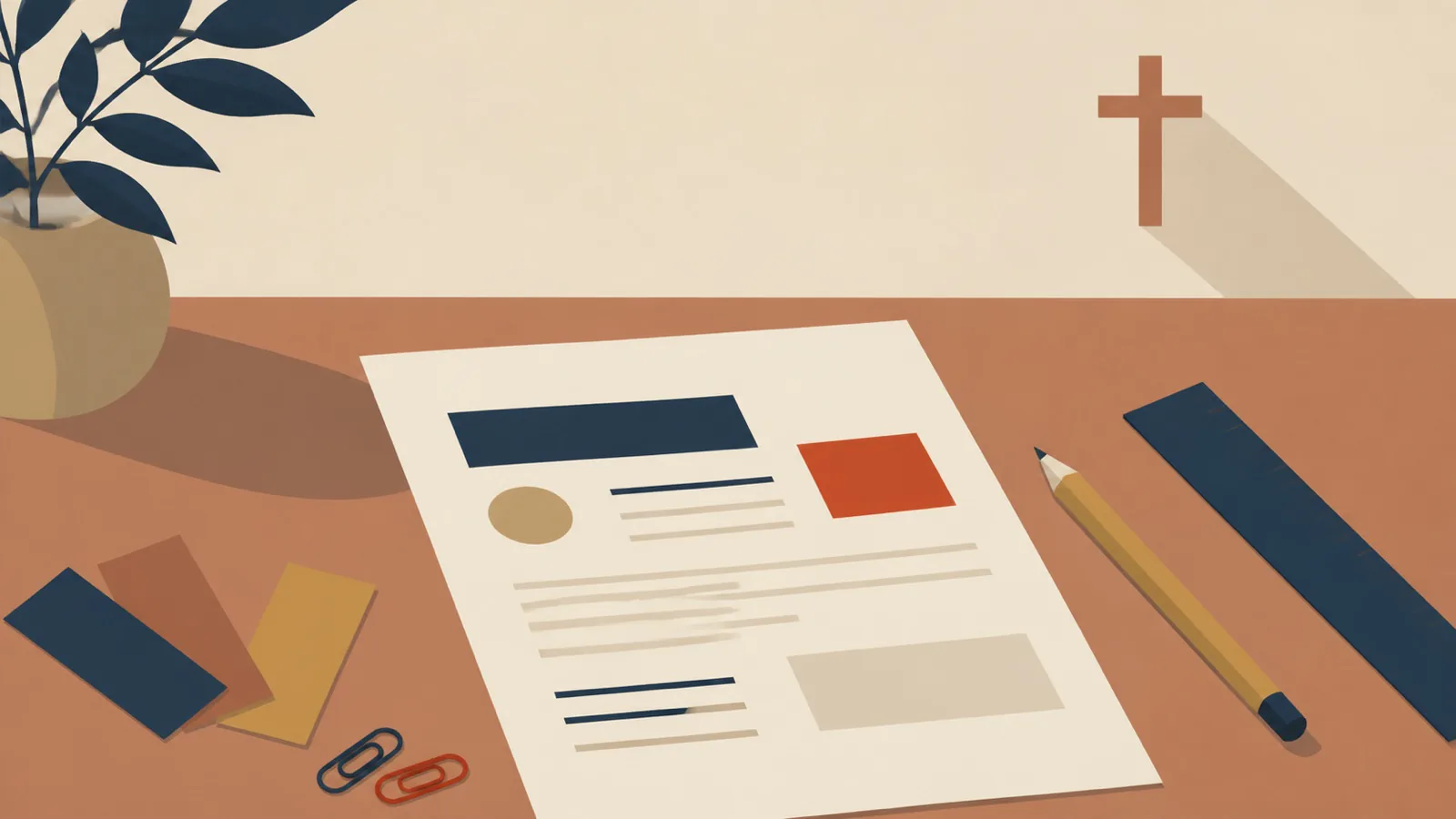 A geometric desk with a project brief, paper swatches, pencil, and small wall cross